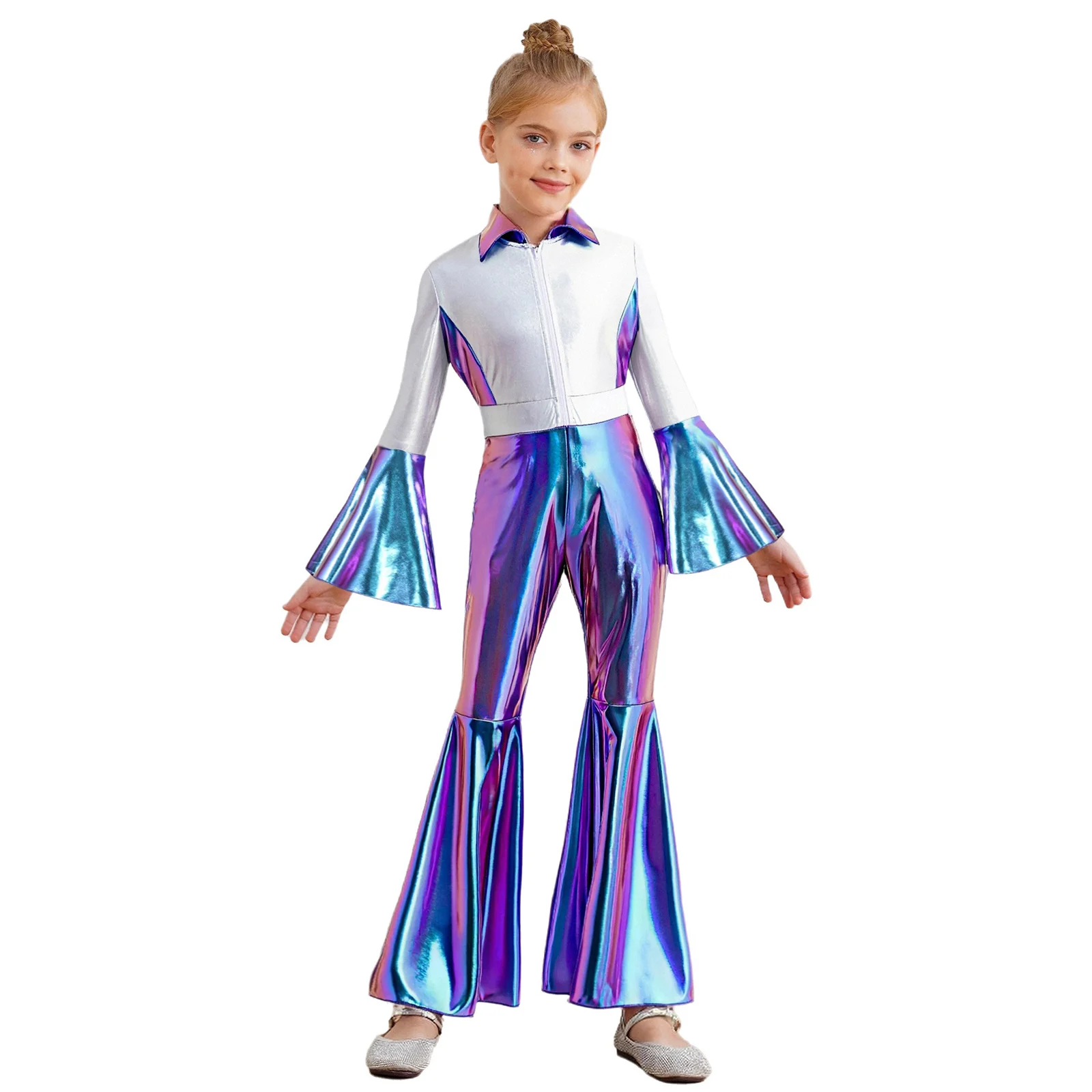 

Kids Girls 70's 80's Disco Dance Jumpsuit Metallic Gloss Contrast Color Turn-Down Collar Long Bell Sleeve Long Leg Flare Rompers