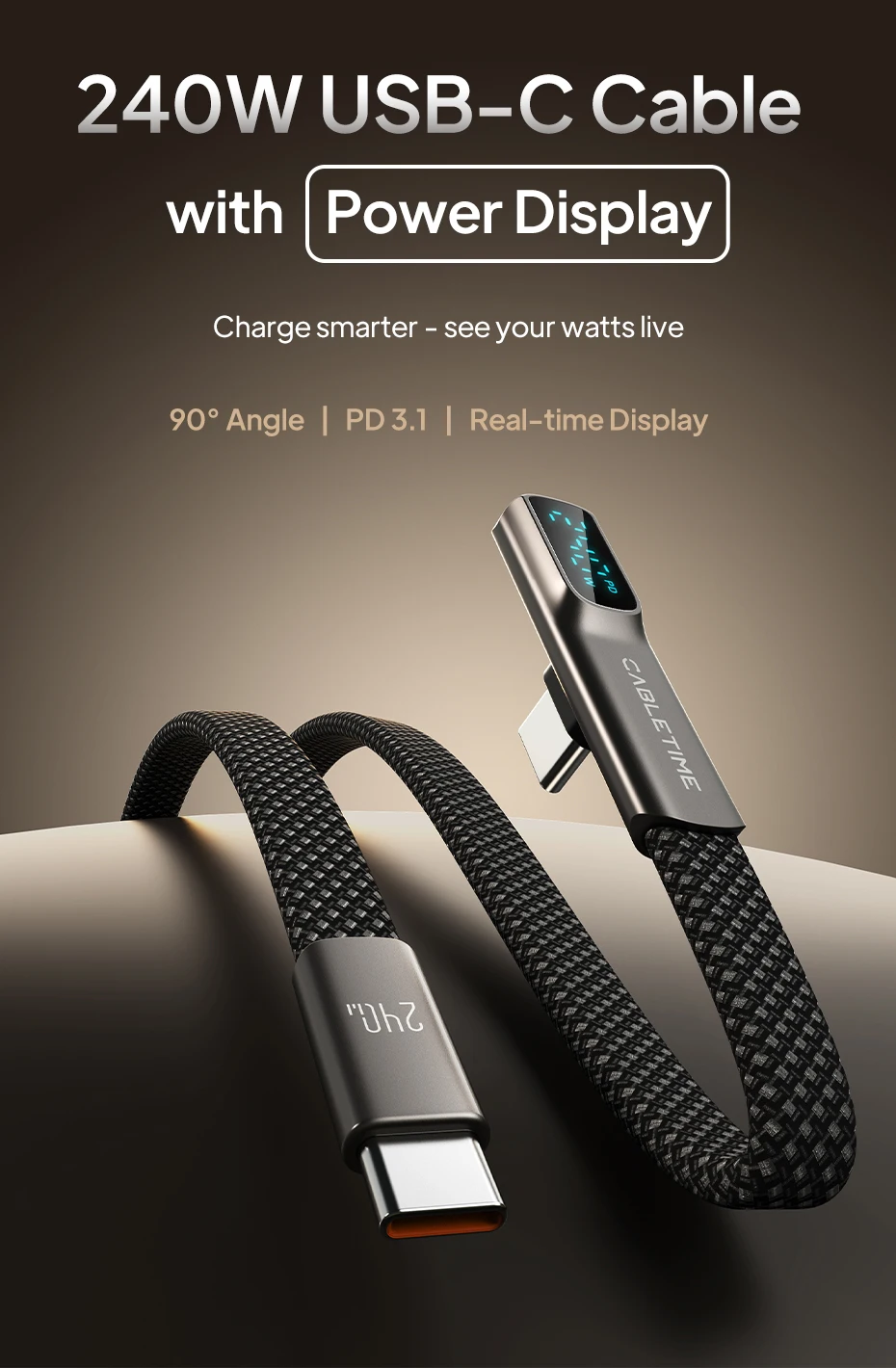 CABLETIME 240W USB-C-Kabel, Schnellladekabel mit Digitalanzeige, Typ-C-Kabel für Macbook, iPhone, Duo, Samsung S25, Laptop – Detail 1
