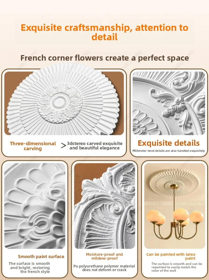 European Style Round PU Plaster Ceiling Medallion Chandelier Base French Ceiling Molding Living Room Lamp Decor Disc Ornament