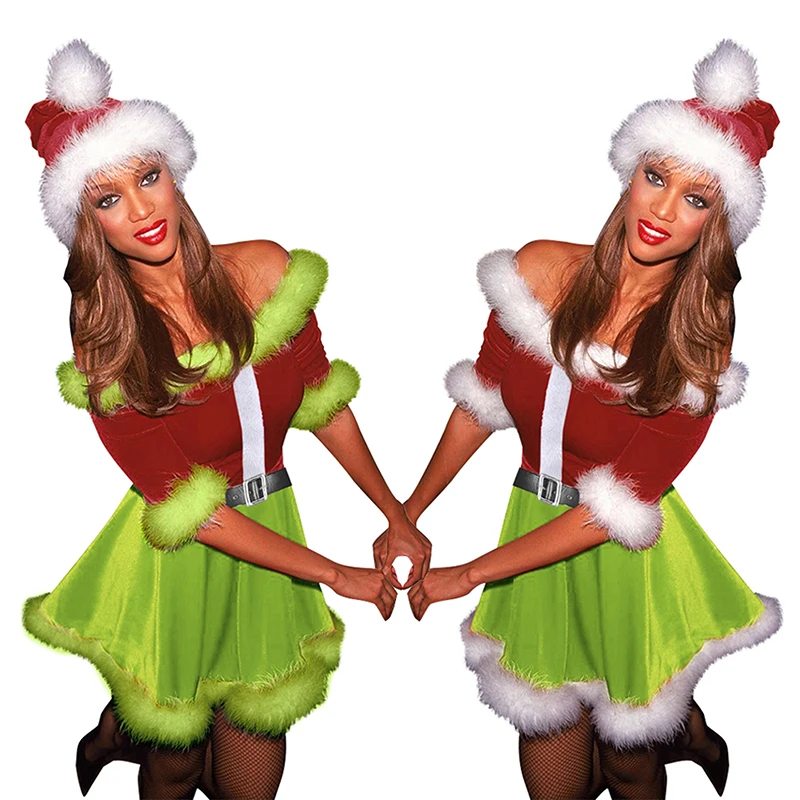 

Women's Christmas Santa Dress Deluxe Mrs. Claus Costume Off Shoulder Velvet Dress Santa Hat Set Cosplay Outfits