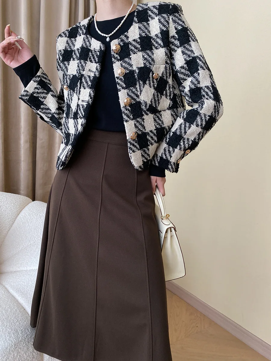 Dames Herfst Winter Hoge Kwaliteit Stijl Retro Plaid Geweven Tweed Jas Korte Jassen