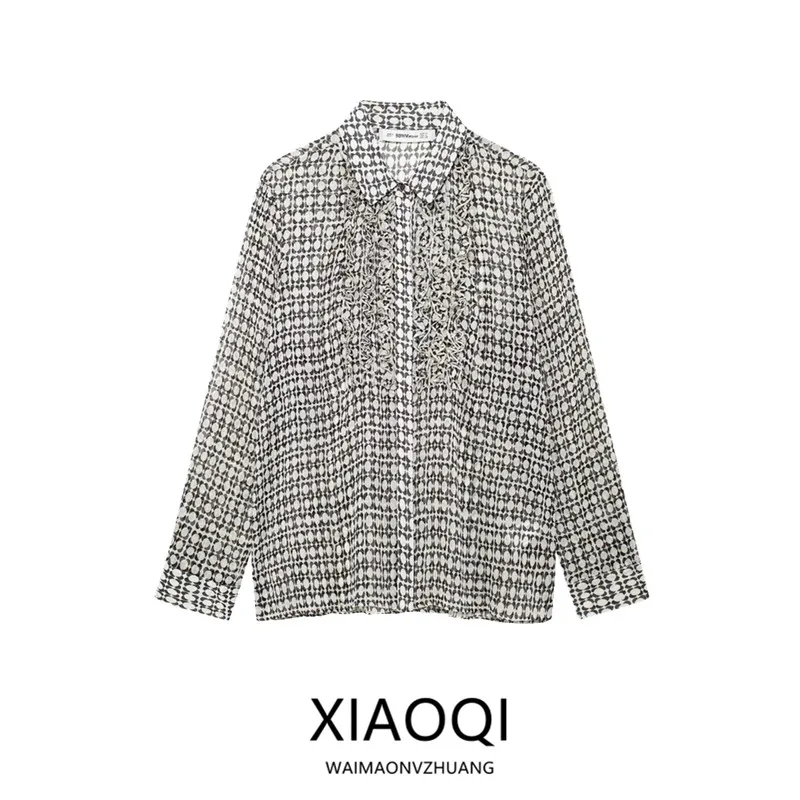 

Women's Long Sve Collared irt Front Layered Decorative Print 2024 Autumn Winter New Arrival Versatile Sle Regular Length