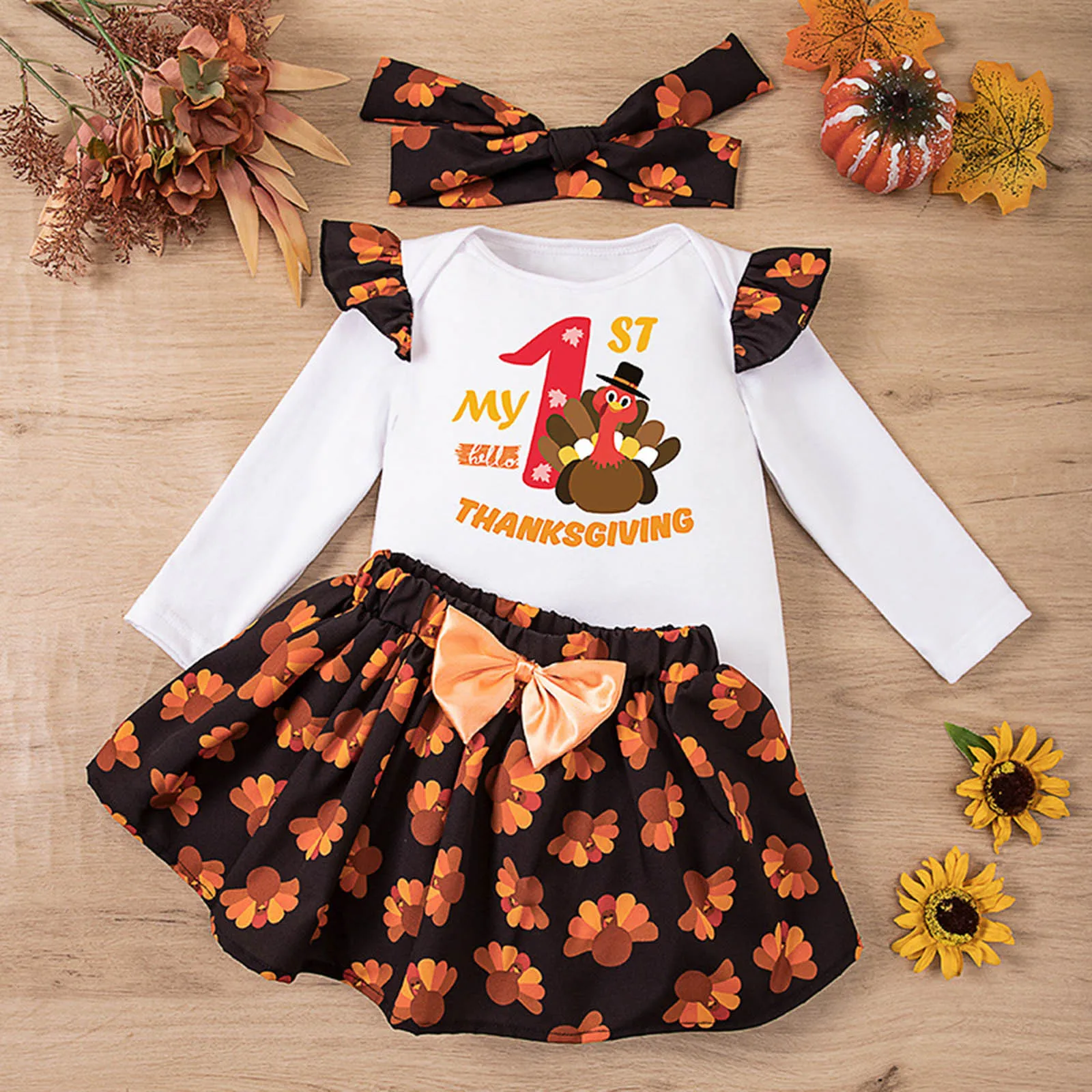 Infant Toddler Girls Baby Clothes Sets 0-24Months Newborns Letters Printing Flying Sleeve Long Sleeve Romper Skirt Headband 3Pcs