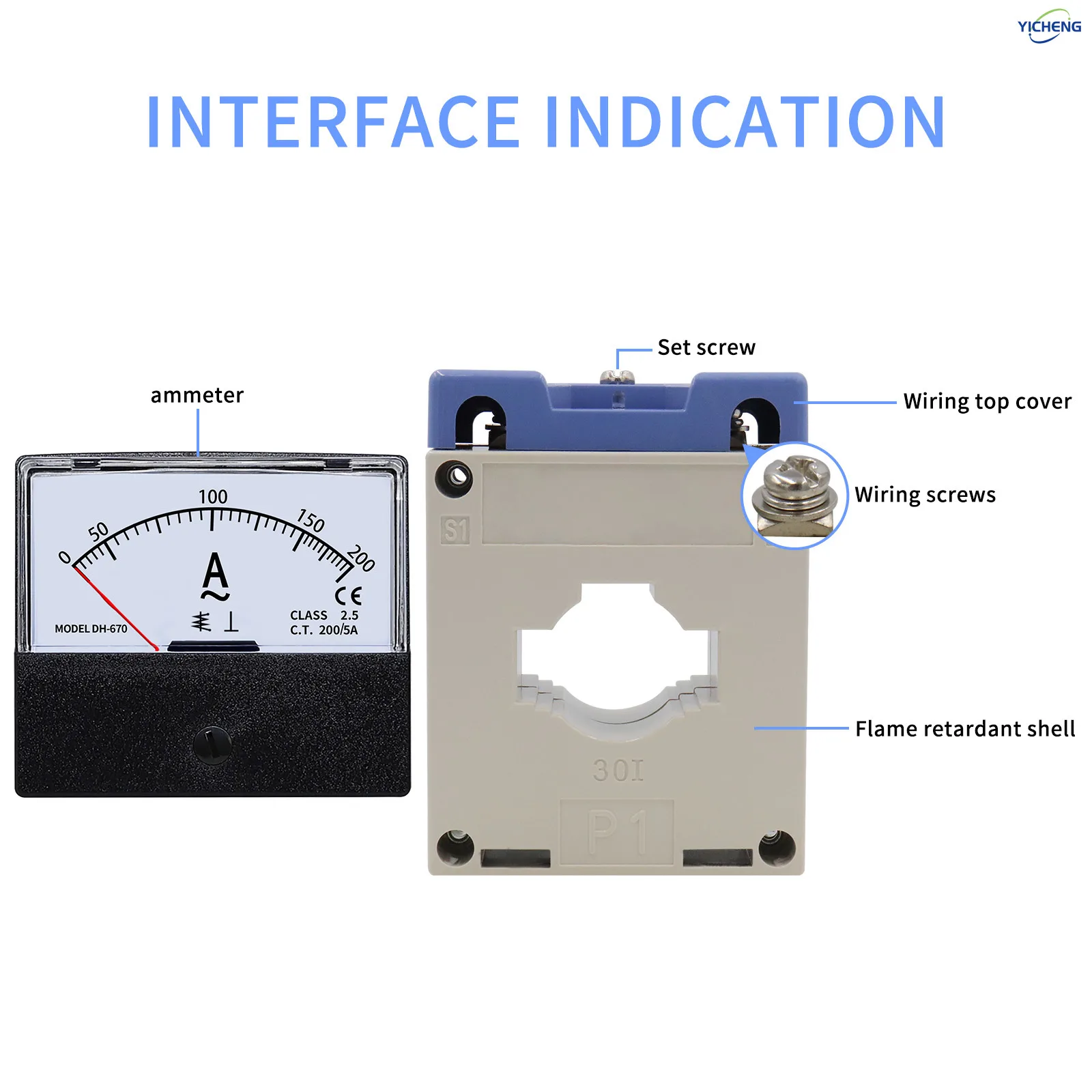 YICHENG DH670 التيار المتناوب مقياس التيار الكهربائي 30A/5-600A/5 ، تجهيز 30 مللي متر/40 مللي متر ثقب الأسلاك النحاسية من خلال نوع محول التيار الجهد المنخفض