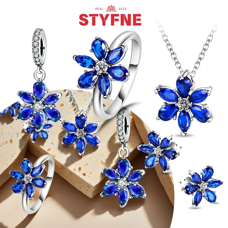 

Hot Sale Silver S925 Sparkling Blue Glass Flower Series Jewelry Sets Earrings Necklace Ring High-end Fine Jewelry Gift for Women