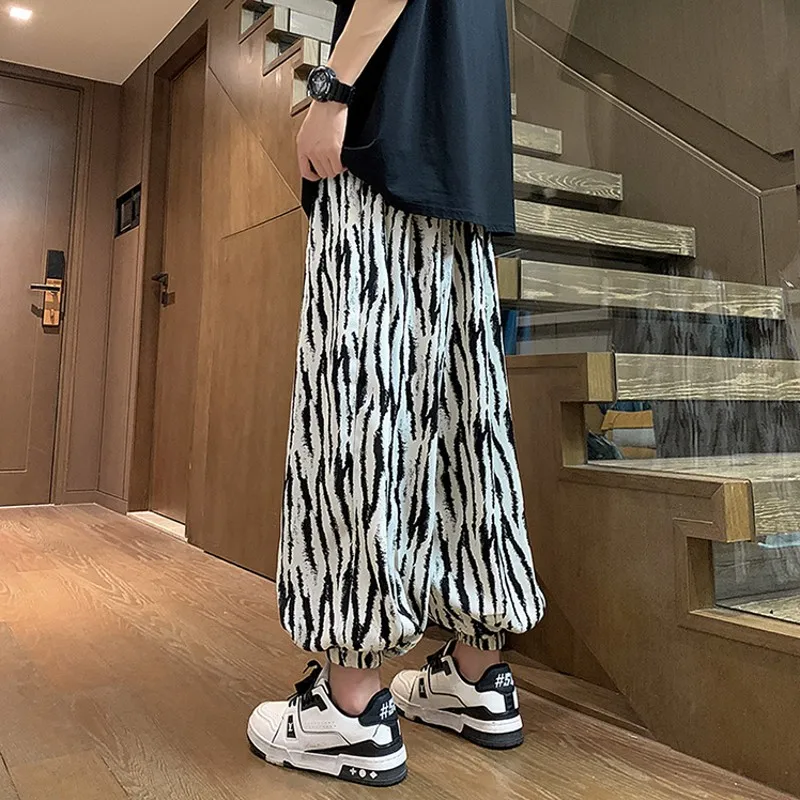 Summer Men's Tie Dyed Baggy Pants Beading Drawstring Lightweight Printing Casual Wide Leg Trousers Male