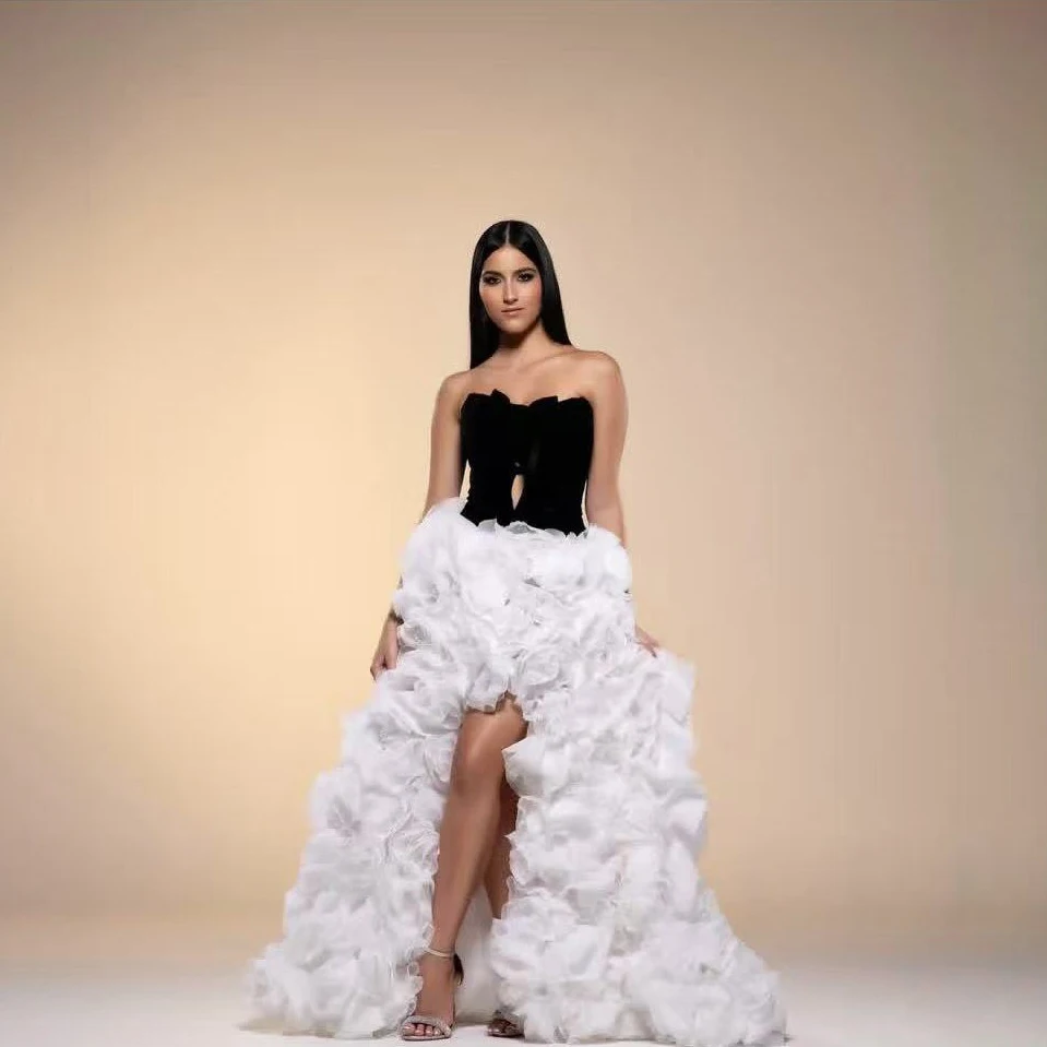 

Черное платье без бретелек с высоким и низким бантом и 3D-цветочным принтом, свадебное платье на заказ, торжественное свадебное платье, элегантный наряд для фотосессии