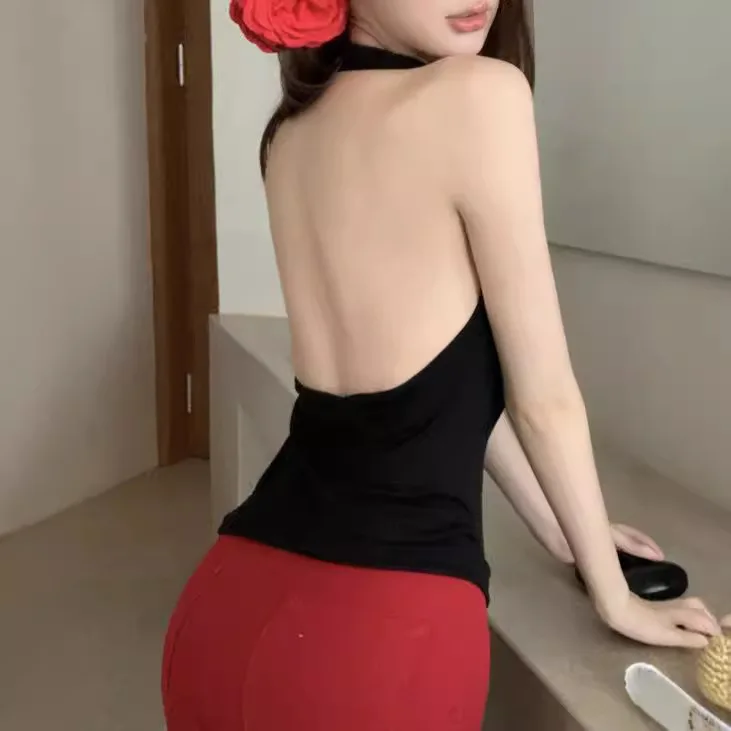 1pcs Girls Knit Sleeveless Halter Tops for Women Basics Solid Slim Fitted Womens Sports Vest Backless Strapless Tank Tops