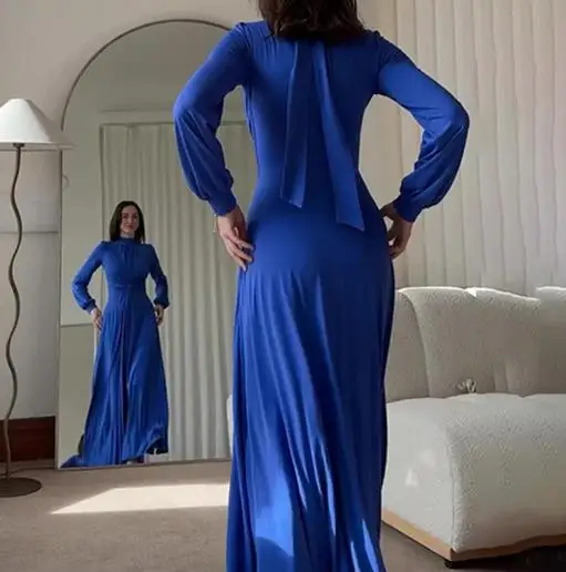 

Women's Slim Fit Long Skirt with High Waist Knot Design Semi High Collar Lantern Sleeve Dress