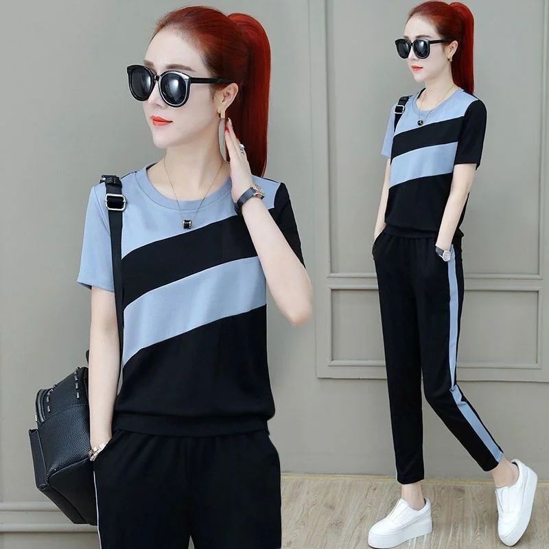 Women\'s Casual Sports Suit 2023 Spring And Summer New Korean Loose Short Sleeve Tops Pants Two Piece Set Student Running Outfits