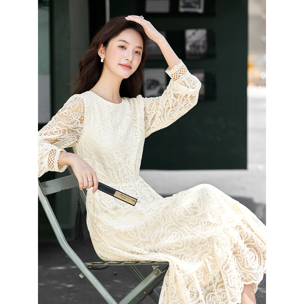 VIMLY فساتين الدانتيل المجوفة الأنيقة للنساء 2025 خريف جديد س الرقبة فستان فضفاض الصلبة شير ماكسي فستان ملابس السيدات غير رسمية A2789