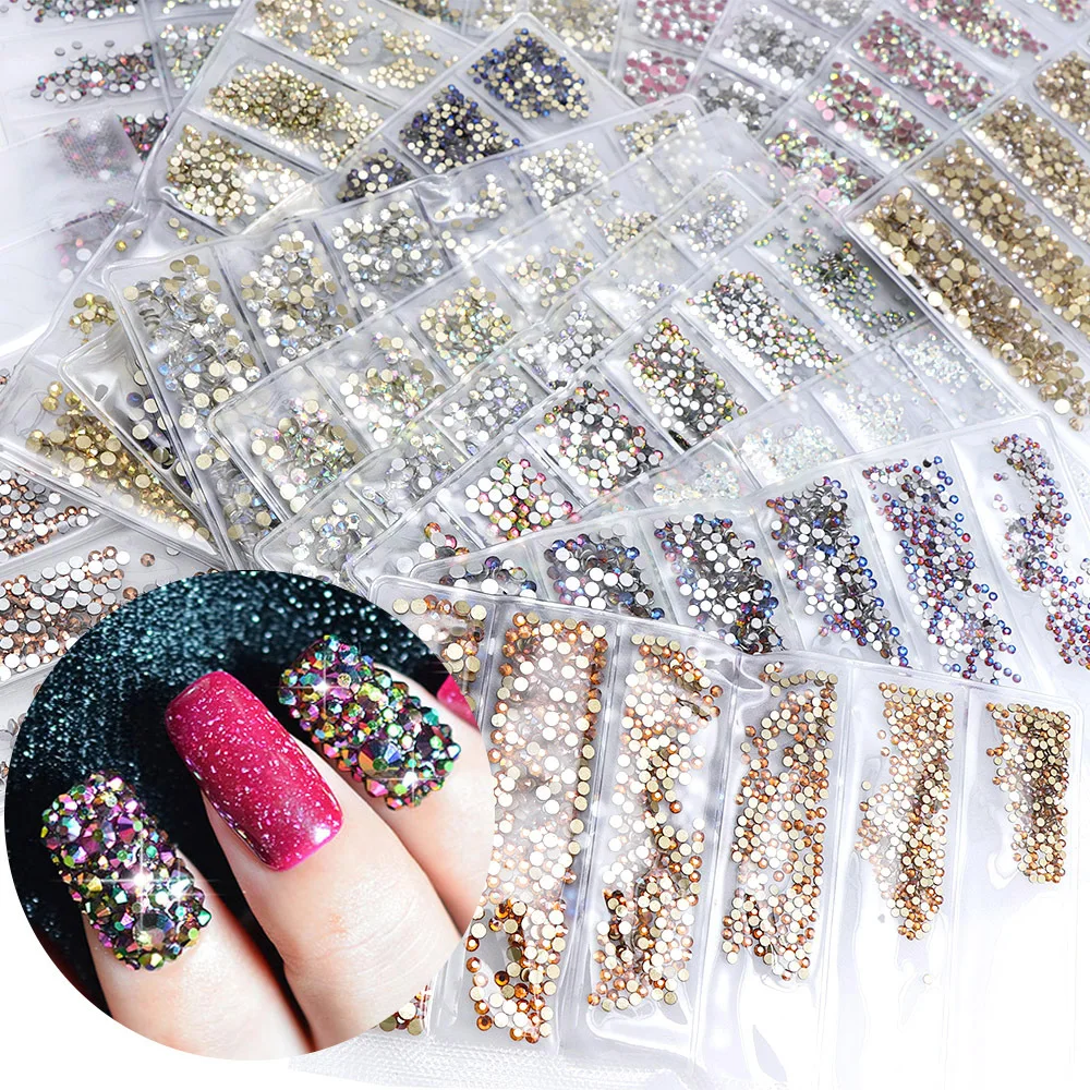 1440 Nagelkunst Flache Strass-Kristalle Glas-Diamanten Ornament Multi-Größe 6 Fächer DIY Nagel-Dekorations-Set