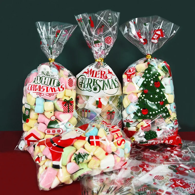 

50Pcs Christmas Gift Bags Christmas Candy Cookie Bags Santa Claus Christmas Packaging Plastic Pouch Christmas Party Decorations