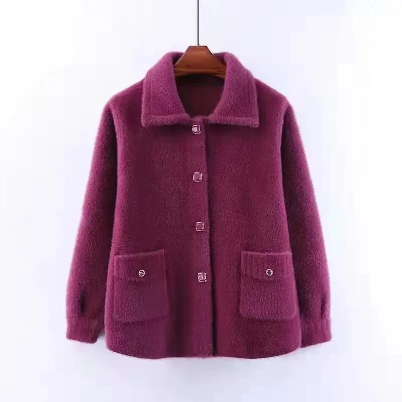 

Imitation Mink Velvet Woolen Coat Female 2023 New Spring Autumn Jacket Middle-Aged And Elderly Women's Knitting Outerwear Tops