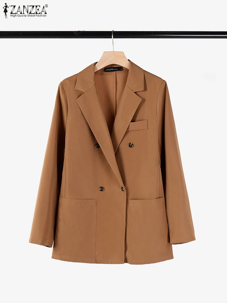 سترة ZANZEA لخريف 2025 خفيفة الوزن للنساء أنيقة OL مع طية صدر مدببة وأكمام طويلة مزدوجة الصدر بلون واحد سترات بدلة