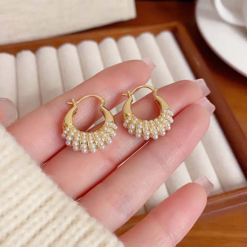 French Retro Personalized Pearl Bag 14K Gold Plated Hoop Earrings For Women Party Exquisite Unique Design Fashion Jewelry