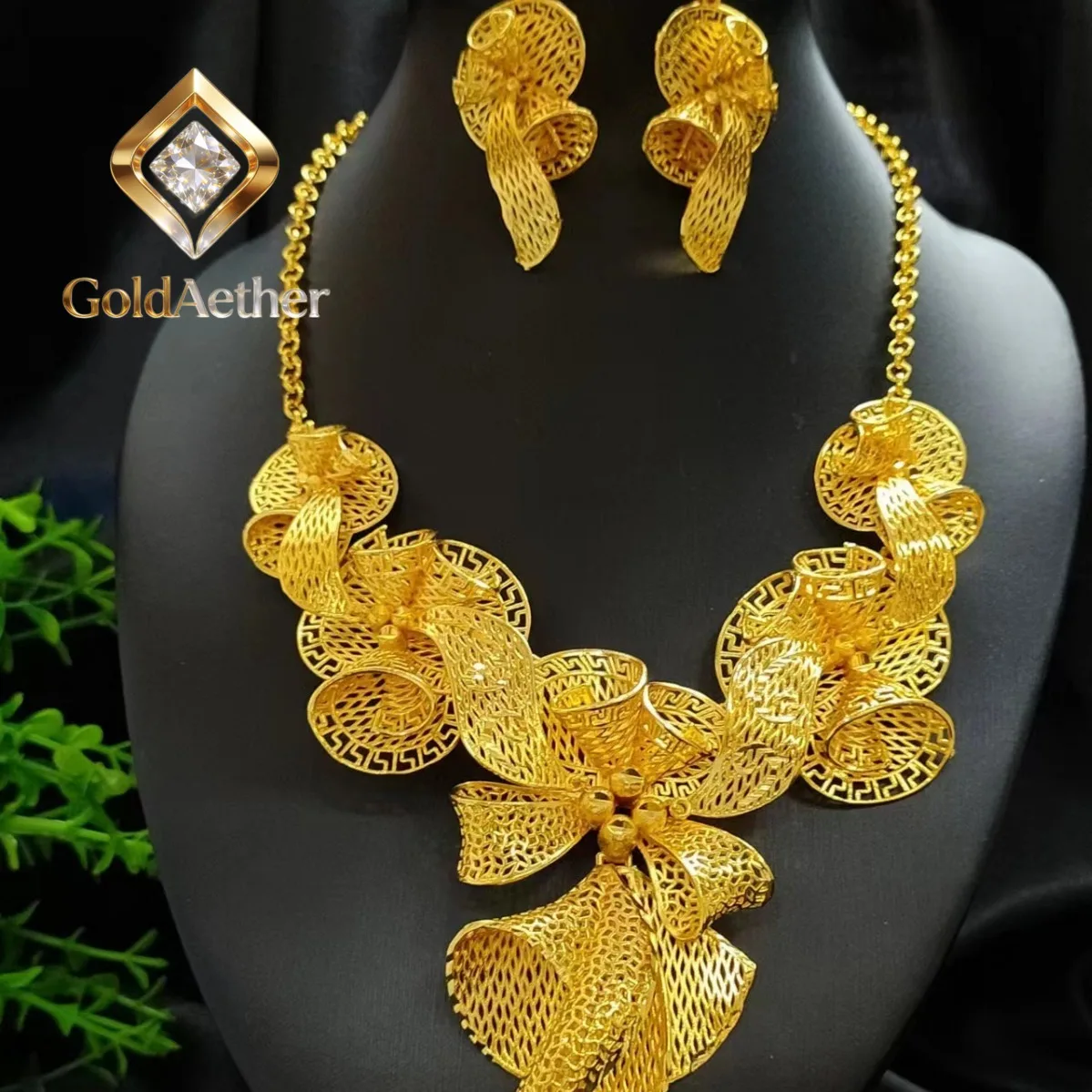 GoldAether Women's 9999 24K Real Gold Flower Necklace Earrings Set Flowers Dubai Saudi Bride Wedding Gift