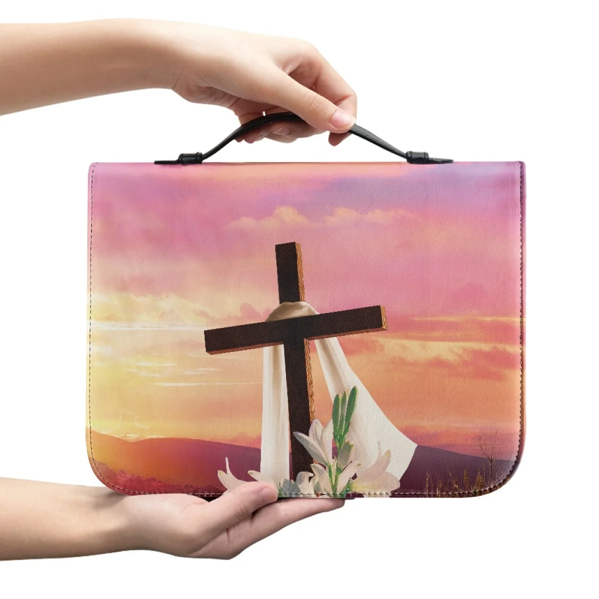 FORUDESIGNS Bible Bag Women Sunset Cross Design Bible Storage Bags Leather Handbags Zippered Handle Christianity Bible Carrying