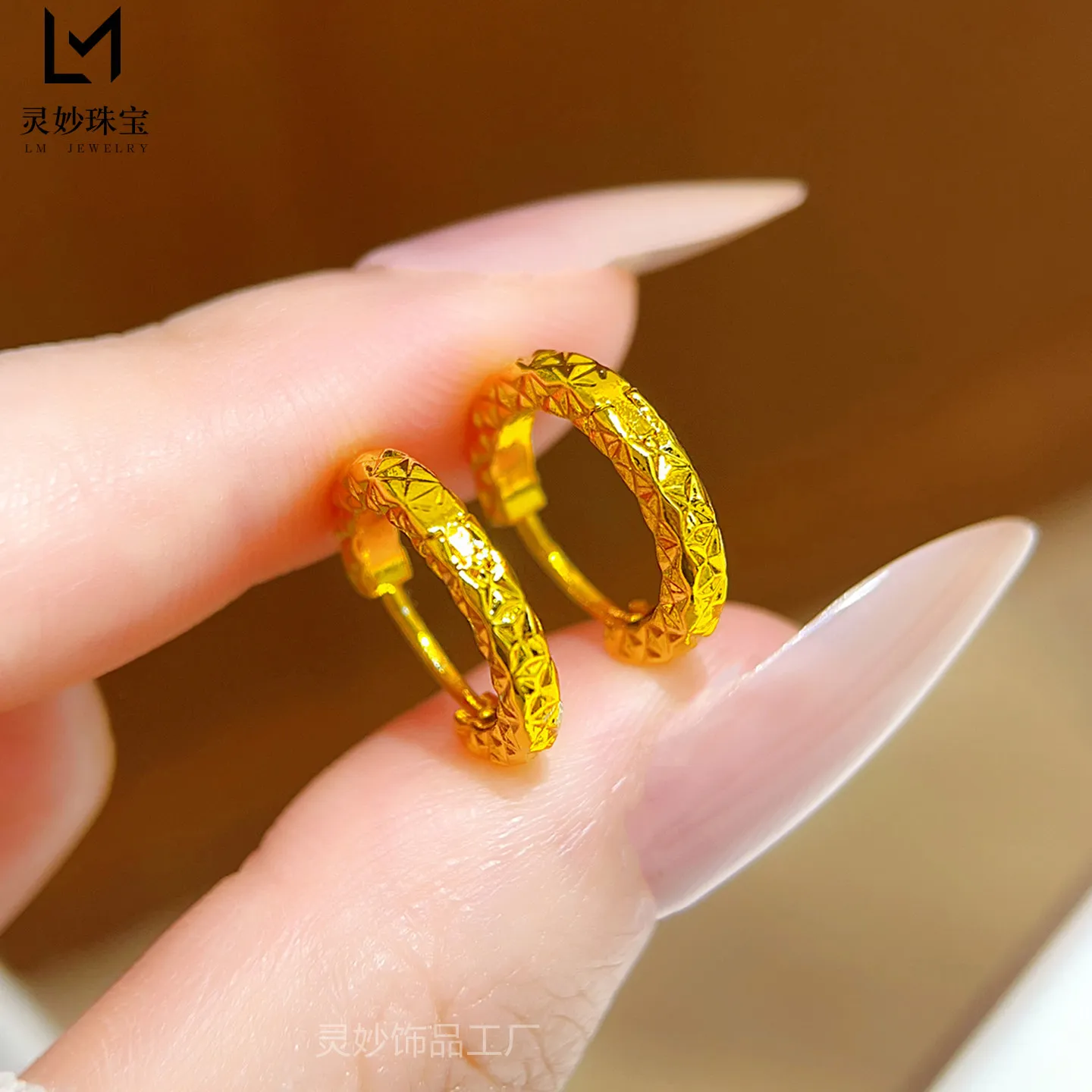 Luxury 9999 24K Solid gold sparkling crushed ice earrings retro diamond circle earrings suitable for daily wear