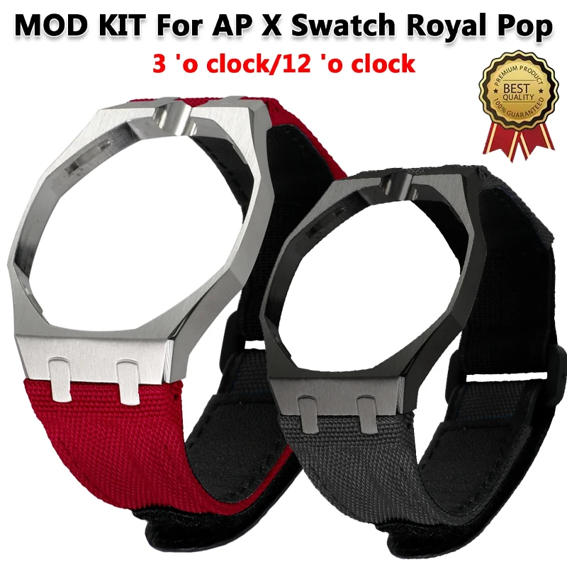 For Swatch Royal Pop Case Luxury Modification Kit, Nylon strap Stainless Steel Case 3 'o clock/12 'o clock Accessory