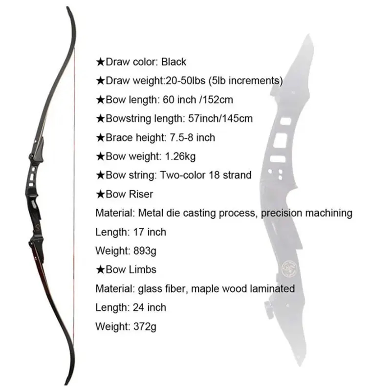 60inch ILF Recurve Bow 20/25/30/35/40/45/50 lbs Archery 17 inch Bow Riser for Right Hand Shooting Practice Fishing Hunting Bow