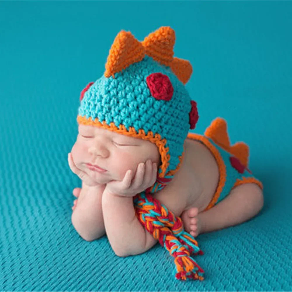 New Born Baby Boy Dinosaur Outfit Newborn Photography Props Handmade Knitted Photo Prop Infant Accessories Photo Shoot Clothes