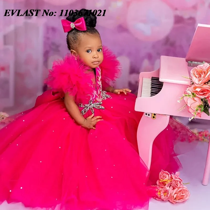 EVLAST Customized Flower Girl Dress Fuchsia Crystals Beaded Tulle Tiered Party Dress for Wedding First Birthday Party Gowns FD07