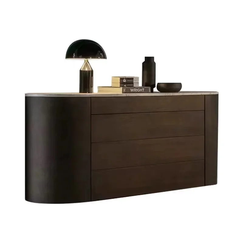 

Italian solid wood light luxury circular arc entrance cabinet 4 chest cabinet dining side cabinet back smoke color marbl