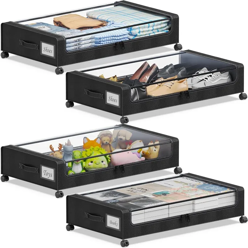 

Bed Storage with Wheels, 4-Pack Under the Bed Storage Containers with Clear Lids & Label, Underbed Storage Bins, XXL 60L R