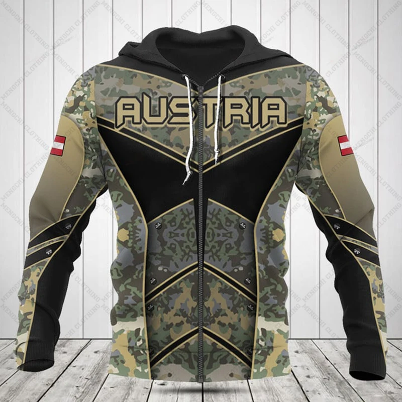 Custom Name Austria Camouflage Zipper Hoodies Loose Unisex Oversized Sweatshirts Winter Casual Streetwear Tops Pullover