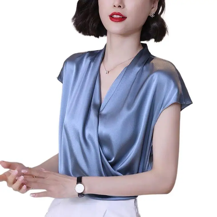 2024 Summer Beautiful Women\'s Blouses fashion Chiffon V Neck Women Blouses Satin Office Black Women Elegant Shirts Silk camisa