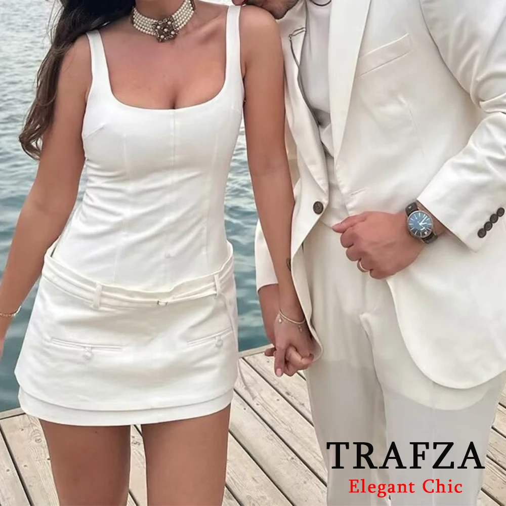 TRAFZA Casual Solid Mini Dress Women's Slim Fit Dress with Belt New 2024 Summer Fasion Bow Tie Cami Dress Holiday Beach Dress