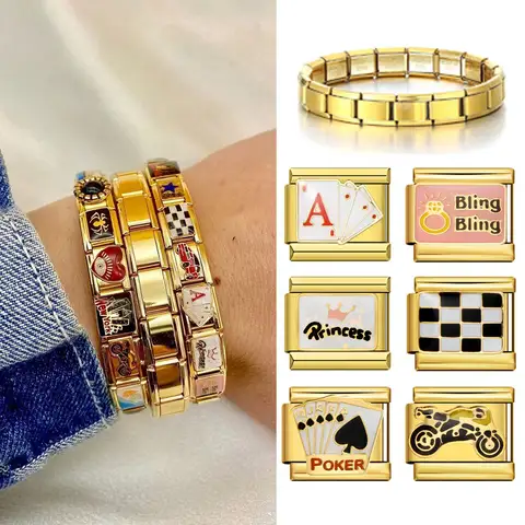 Bracelet à breloques italien couleur or, personnalisé, en acier inoxydable, princesse de Poker, perle de moto scintillante, adapté aux bijoux de 9mm