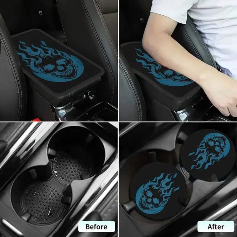 1 Pc Car Armrest Cover + 2 Pcs Cup Coasters | Blue Flame Skull Print | Cool Car Interior Accessories - view 6