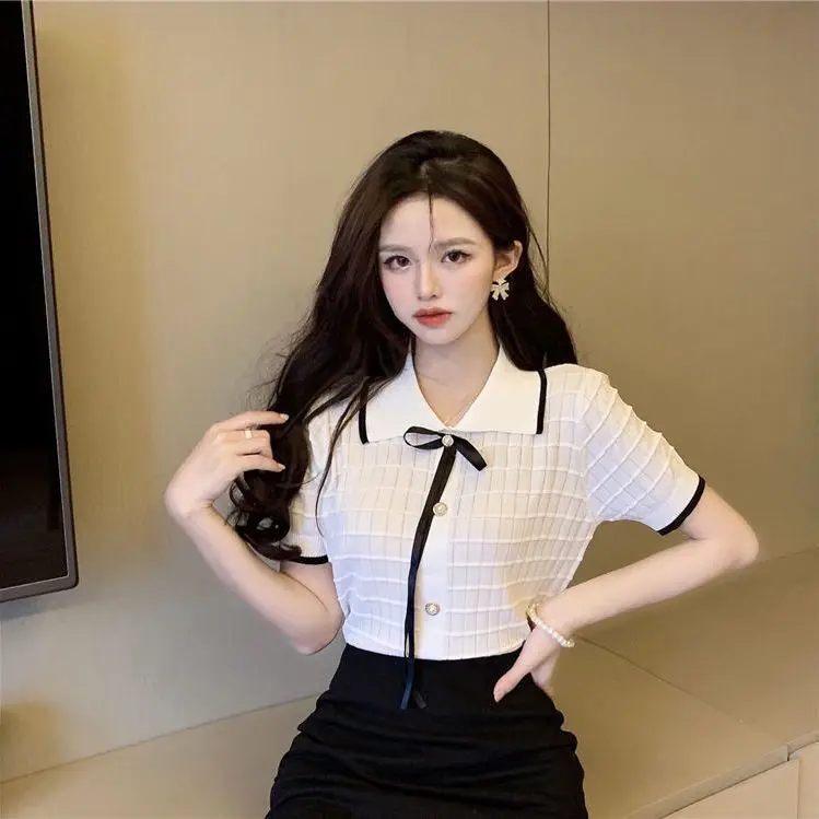 Small Fragrant Style Sweet Polo Collar Short-sleeved T-shirt for Women's Summer Lapel Top Design Bow Tie Knit Sweater