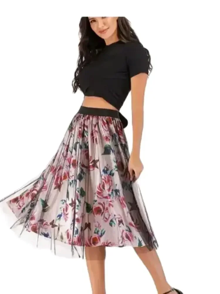 

1set/lot Women Irregular T Shirt+Mesh Skirts Suits Bowknot Solid Tops Vintage Floral Skirt Sets