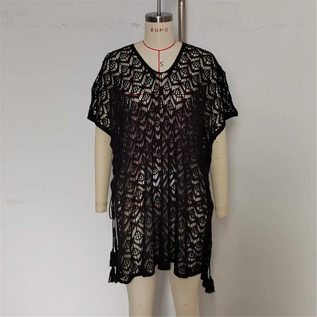 Strandkleid Strandmode Neues Kurzarm-V-Ausschnitt Einfarbiges Häkel-Strick-Tunika Strandkleidung Strandüberwurf Überwürfe Damen V7221 – Detail 14