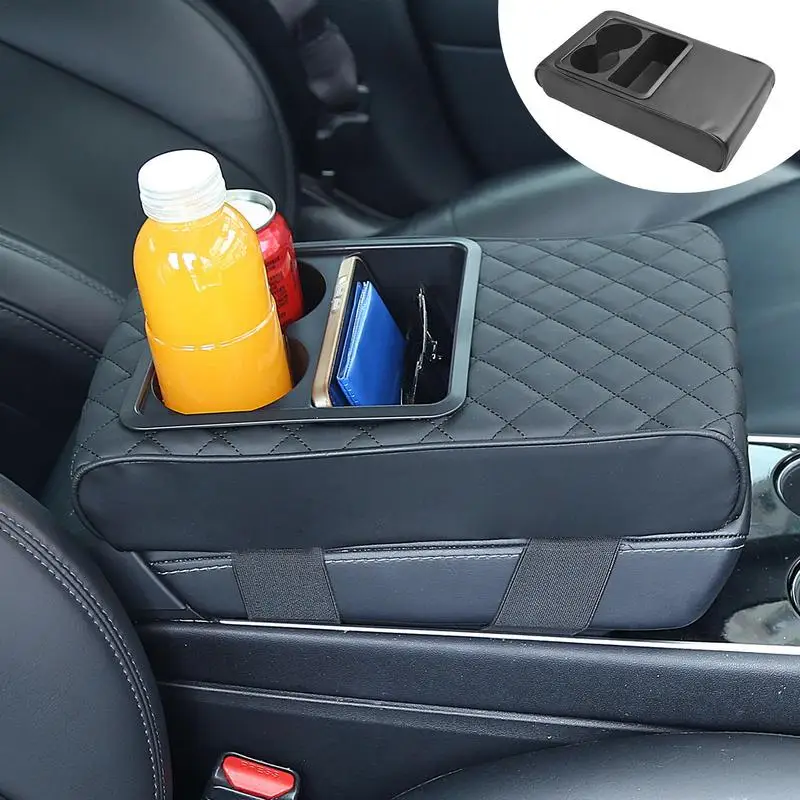

Car Armrest Cover PU Leather Armrest Pad With Cup Holder Waterproof Easy Installation Console Mat Multifunctional Elevated