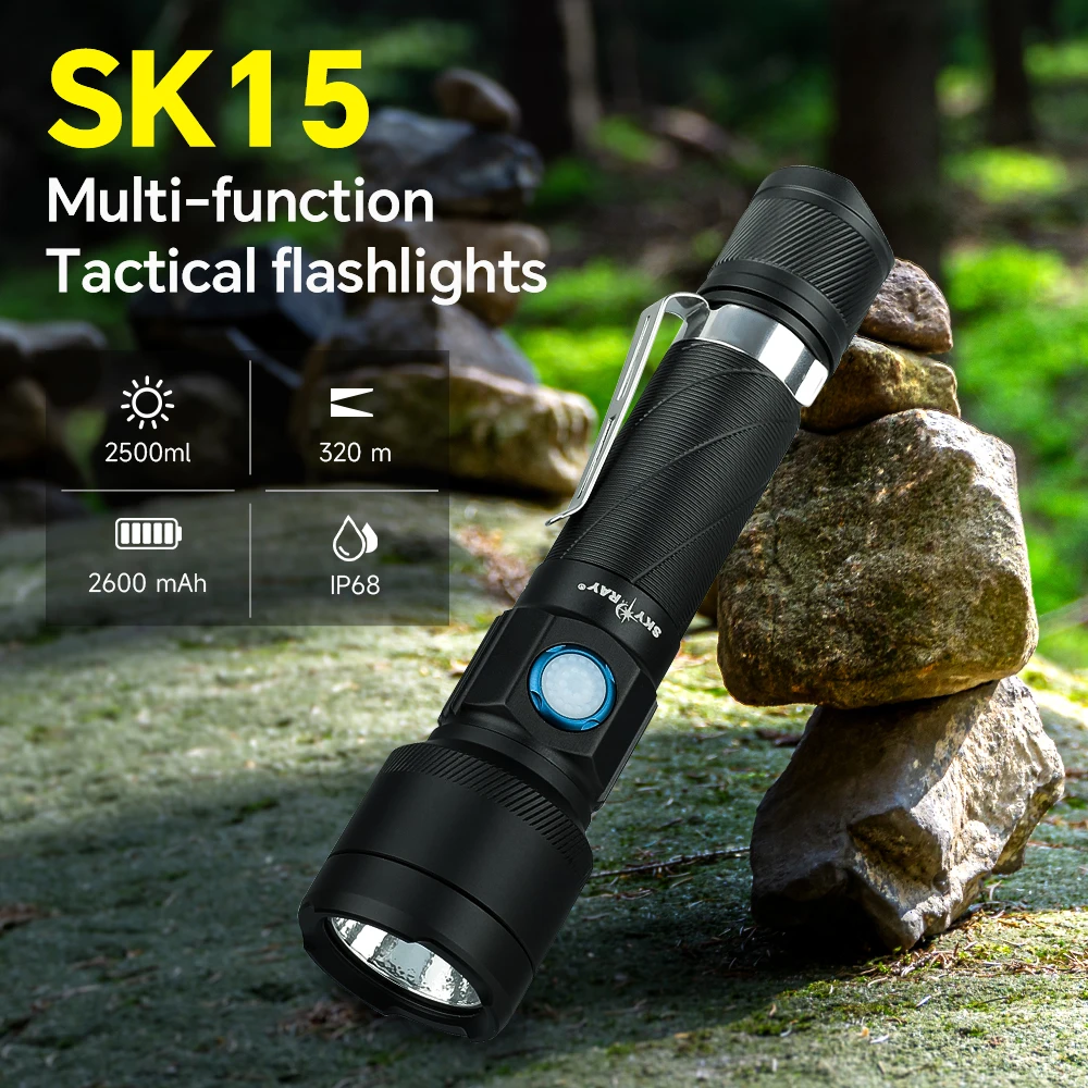 SKYRAY SK15 2500Lumen Tactical led Flashlight Type-c Rechargeable LED Clip IP68 Waterproof 320M Light Range Camping Hiking Hunting Emergency Self Defense led Torch