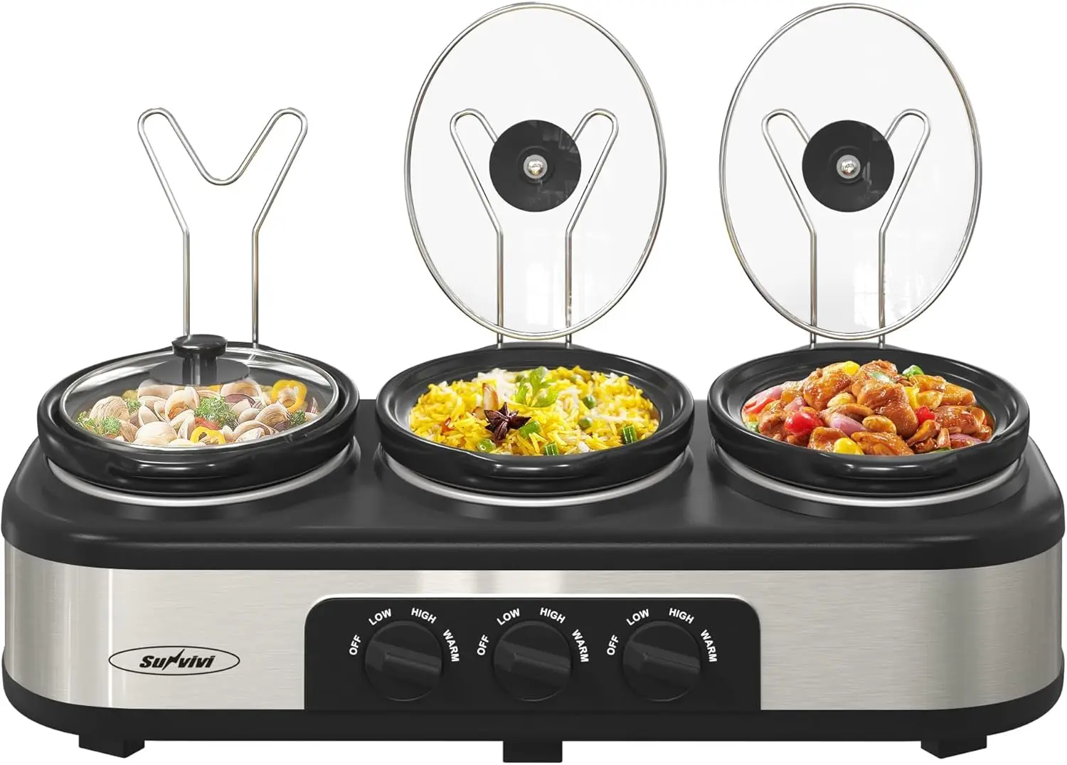 3 * 1.5 كوارت طباخ بطيء ثلاثي، خادم بوفيه وسخان مع 3 أوعية سيراميك قابلة للإزالة، 3 إعدادات لدرجة الحرارة قابلة للتعديل و3 ليثيوم معدنية