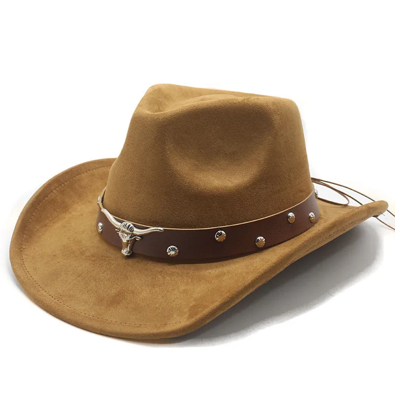 Western Cowboy Wide Brim Cowboy Hat with Cow Head Accessory Suede Jazz Hat Riding Hat