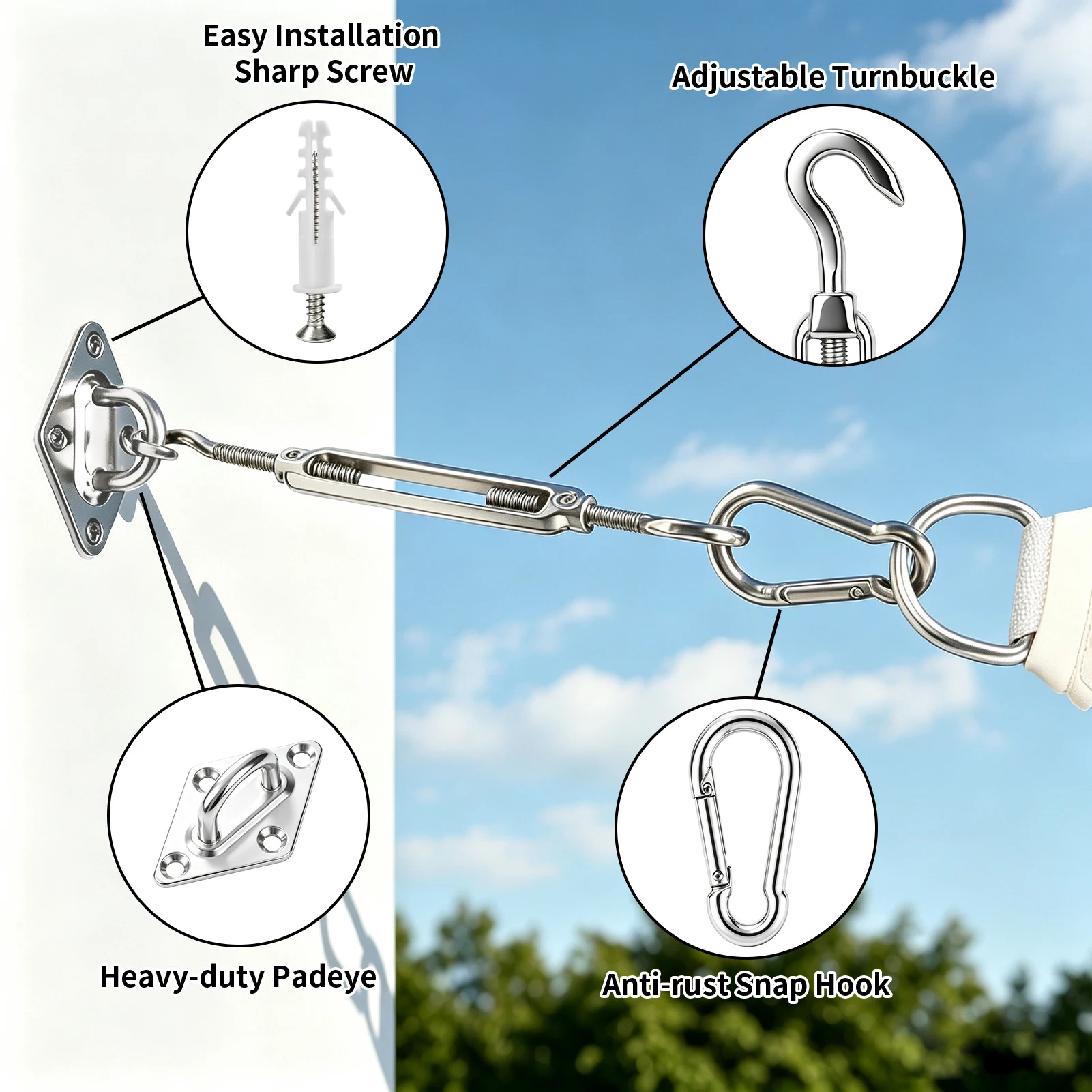 Sun Shade Sail Hardware Kit 44pcs/set 304 Stainless Steel Sunshades Canopy Installation Kit for Install Awning Accessory