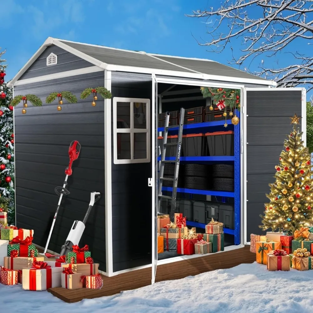 8x6 feet outdoor resin storage shed, including flooring, plastic, with 2 windows and lockable doors. Outdoor resin storage shed