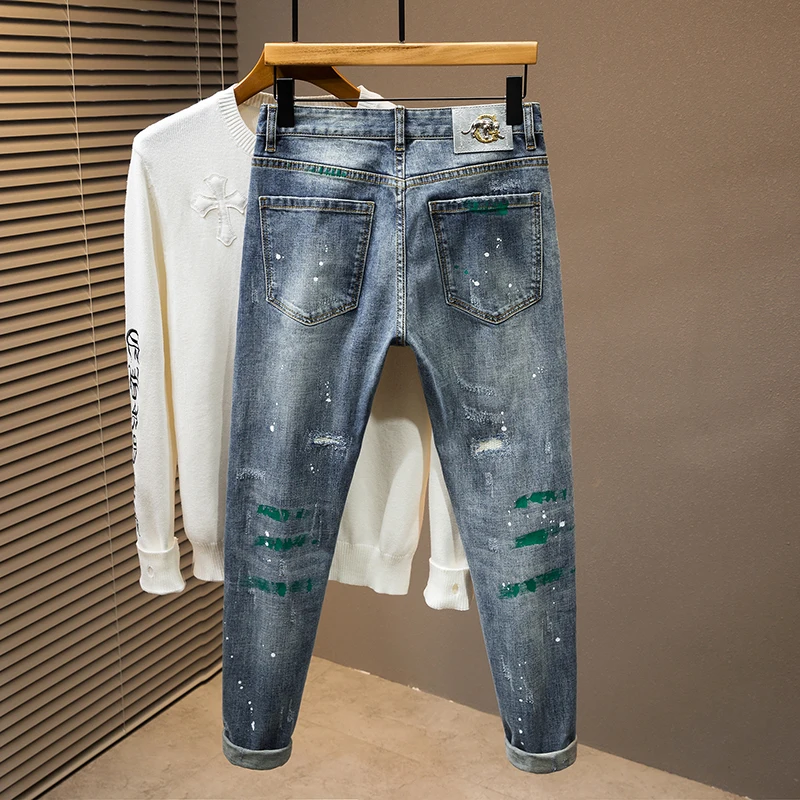 Fashion Street Personalised Colourful Painted Designer Hip Hop Pants Mens Jeans Vintage Blue Micro Stretch Slim Hole Hombre