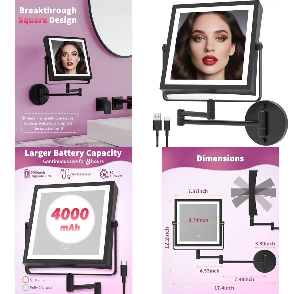 مرآة زينة LED مزدوجة الجوانب، بطارية 4000 مللي أمبير، 360 درجة ° ذراع قابل للدوران، قابل للتعتيم باللمس، 3 ألوان فاتحة، أسود مطفي #1