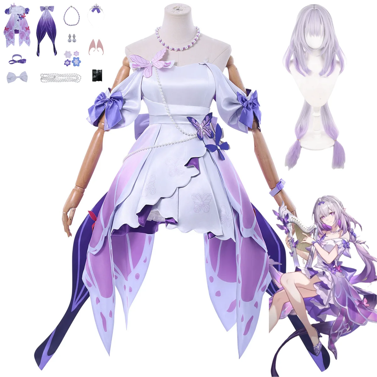 

Game Honkai：Star Rail Castorice Cosplay Costume Concert Pink Purple Evening Dress Necklace Wig Woman Sexy Masked Ball Suit