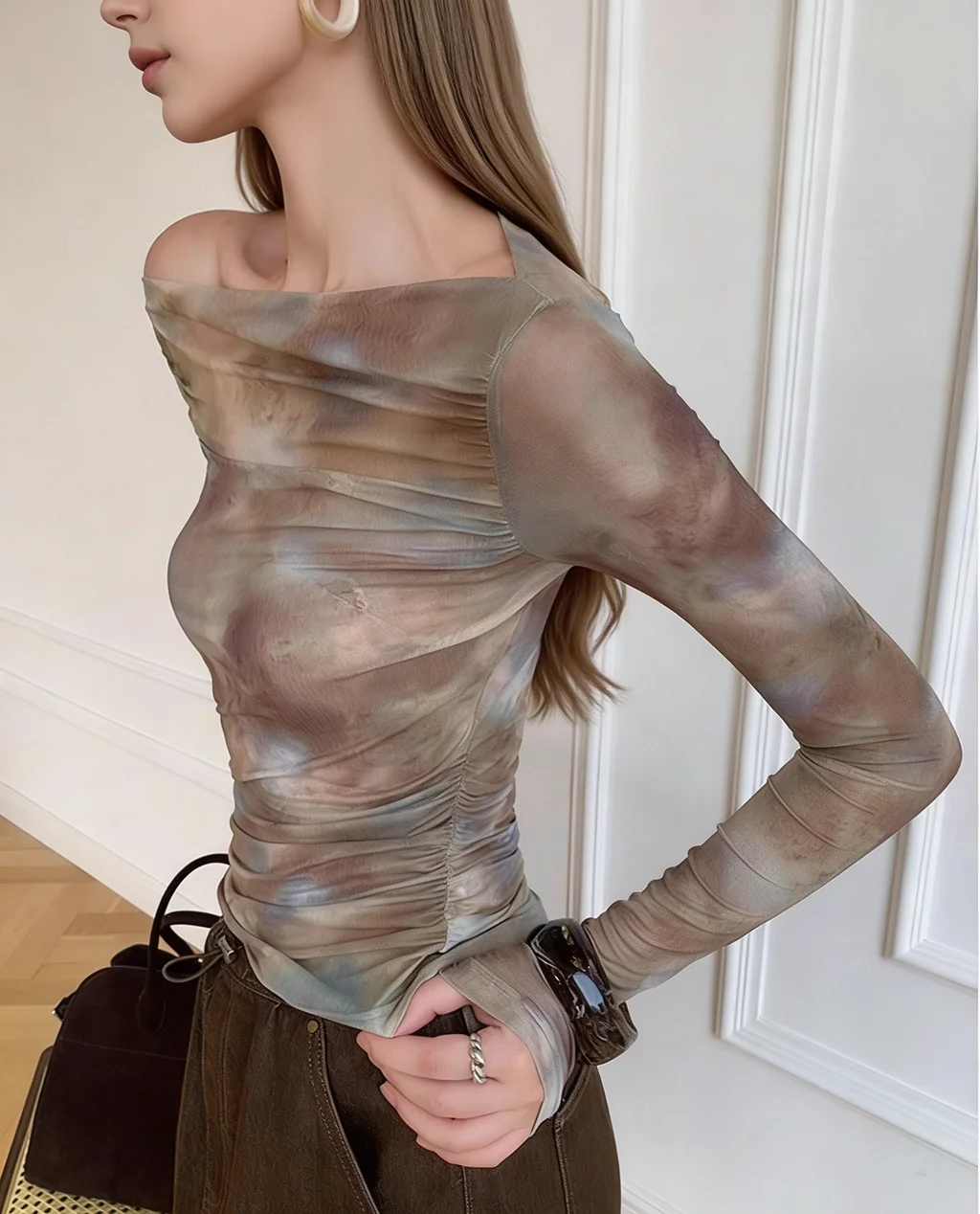 Tie Dye Mesh Long Sleeve Top for Women, Sheer Boat Neck Slim Fit Y2K Aesthetic Casual Tee See Through Sheer Blouse for Daily Wea