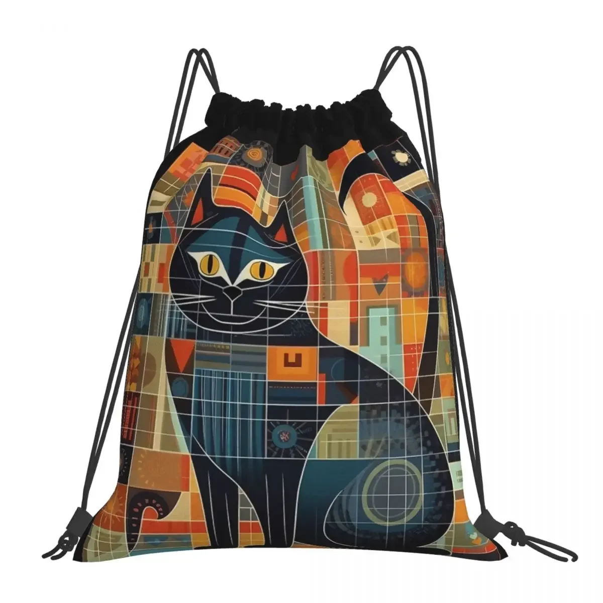 A Square Cat Backpacks Casual Portable Drawstring Bags Drawstring Bundle Pocket Sports Bag BookBag For Travel Students