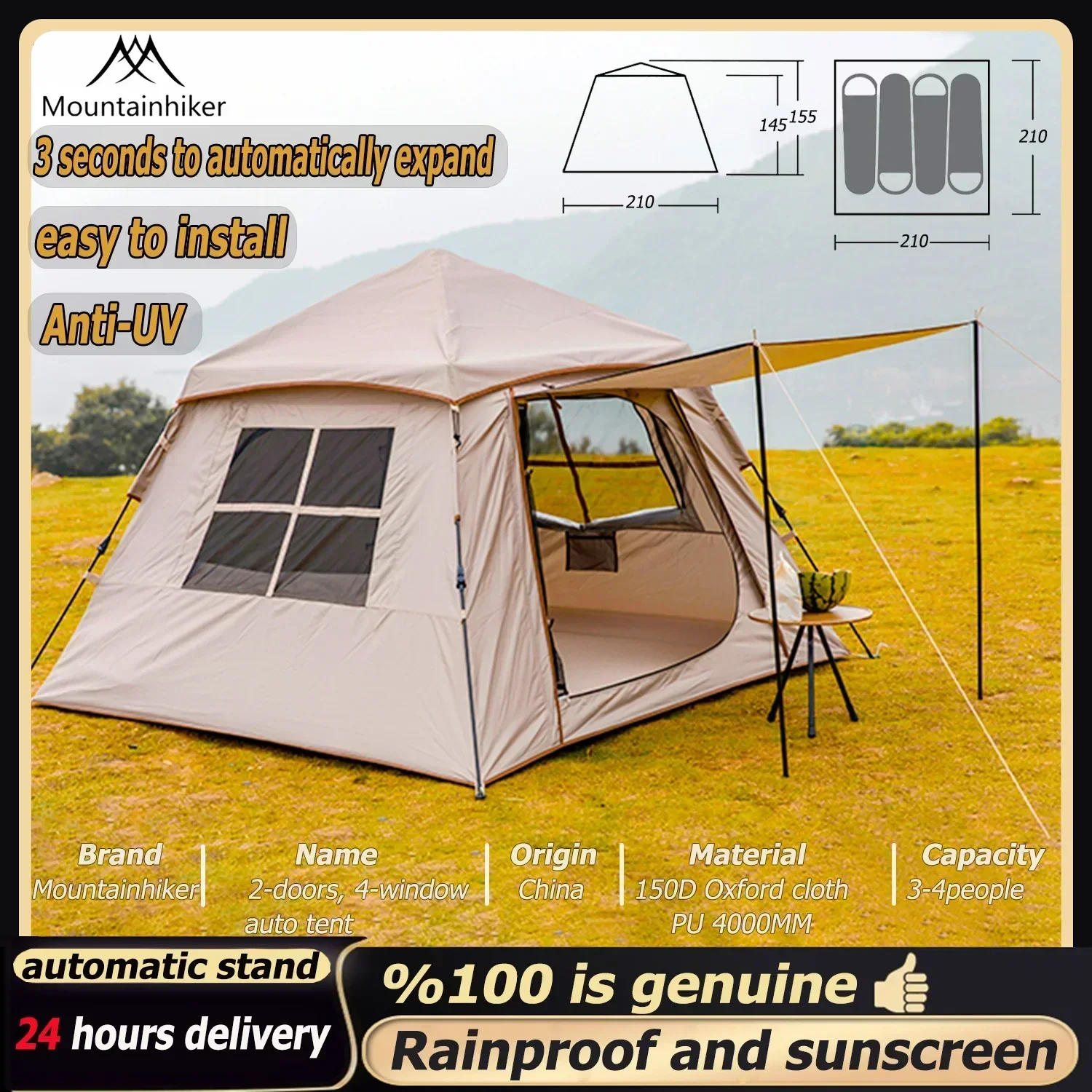 Mountainhiker Automatic Tent, Size 3-4 Persons, 2 Doors, 2 Windows, Sleeping Tent, Outdoor Tent, Hiking and Camping Tent.