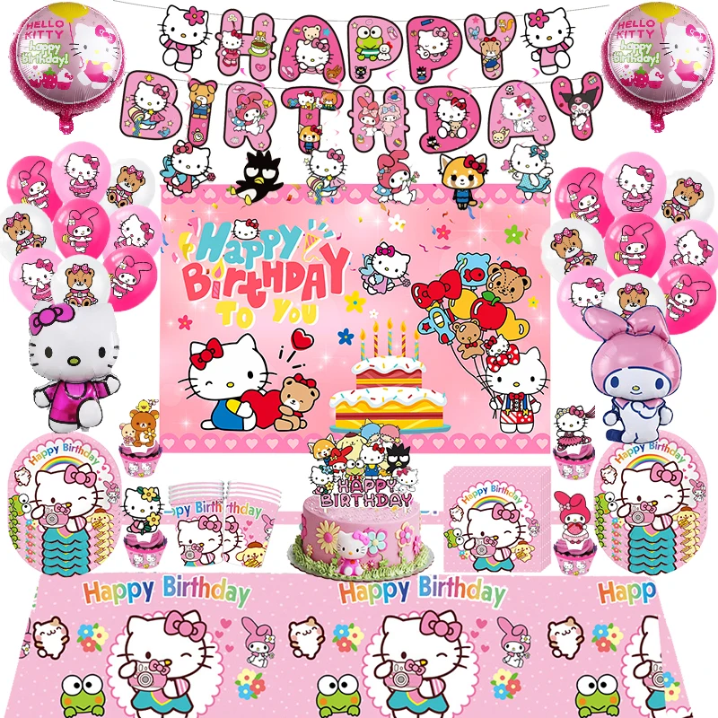 Hello kitty Birthday Party Decoration Tableware Supplies Hello kitty Melody Foil Balloon Backdrop Banner Cake Topper Baby Shower